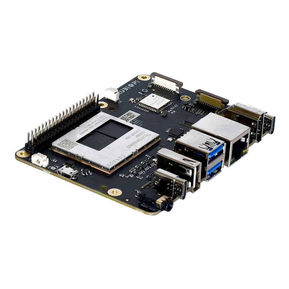 RUBIK Pi 3 开发板，展示芯片、USB、HDMI 及 GPIO 接口